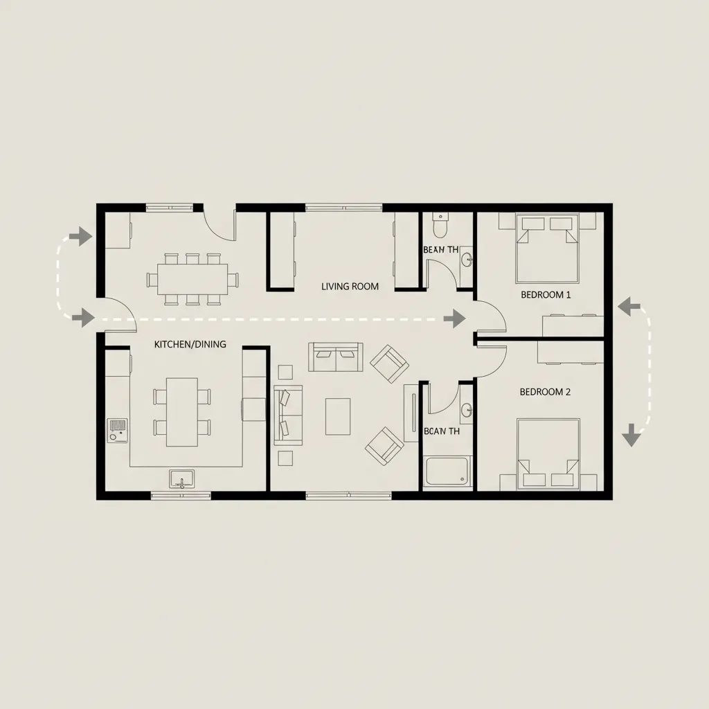 Sơ đồ luồng di chuyển trong nhà cấp 4 hai phòng ngủ