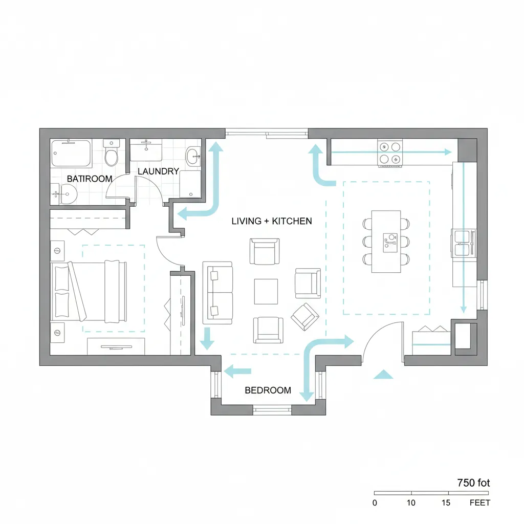 small house floor plan diagram showing clear circulation paths