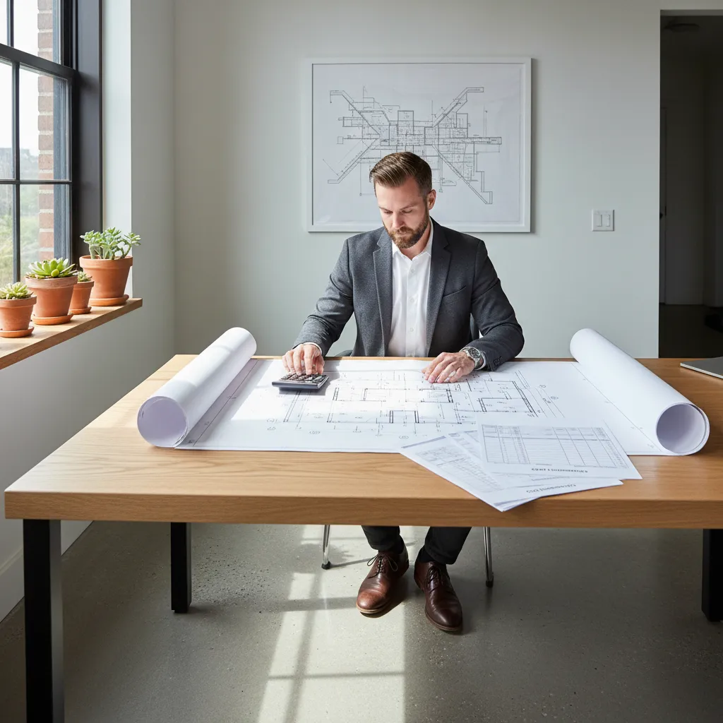 Architect reviewing small house construction plans and budget documents