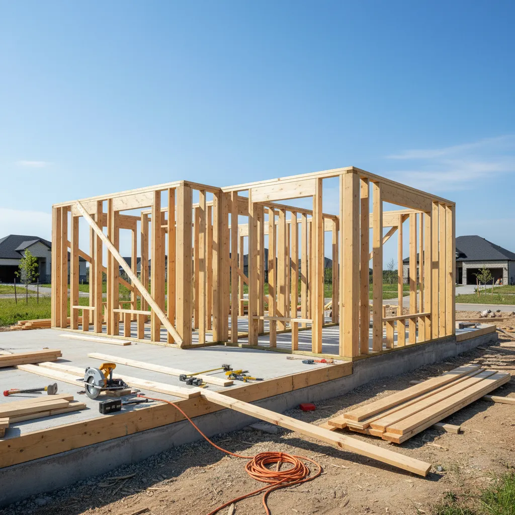 framing stage of a small 1200 sq ft house under construction