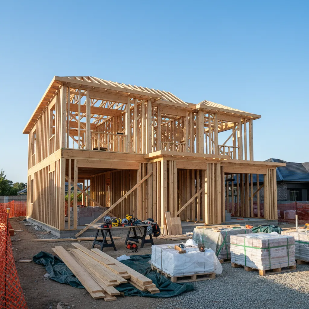 construction site of a compact modern home showing framing and materials