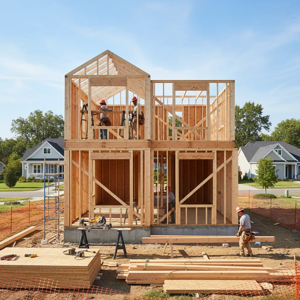 construction site of a small residential house during framing stage