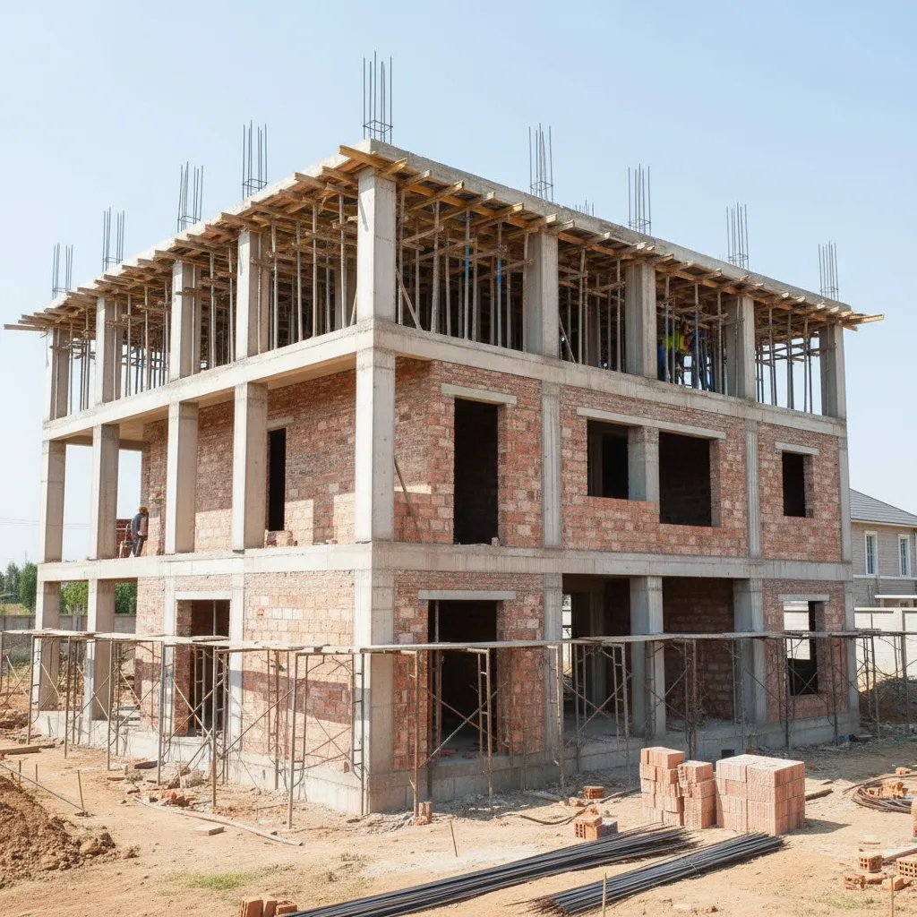 Concrete frame and brick wall structure of a small residential house under construction