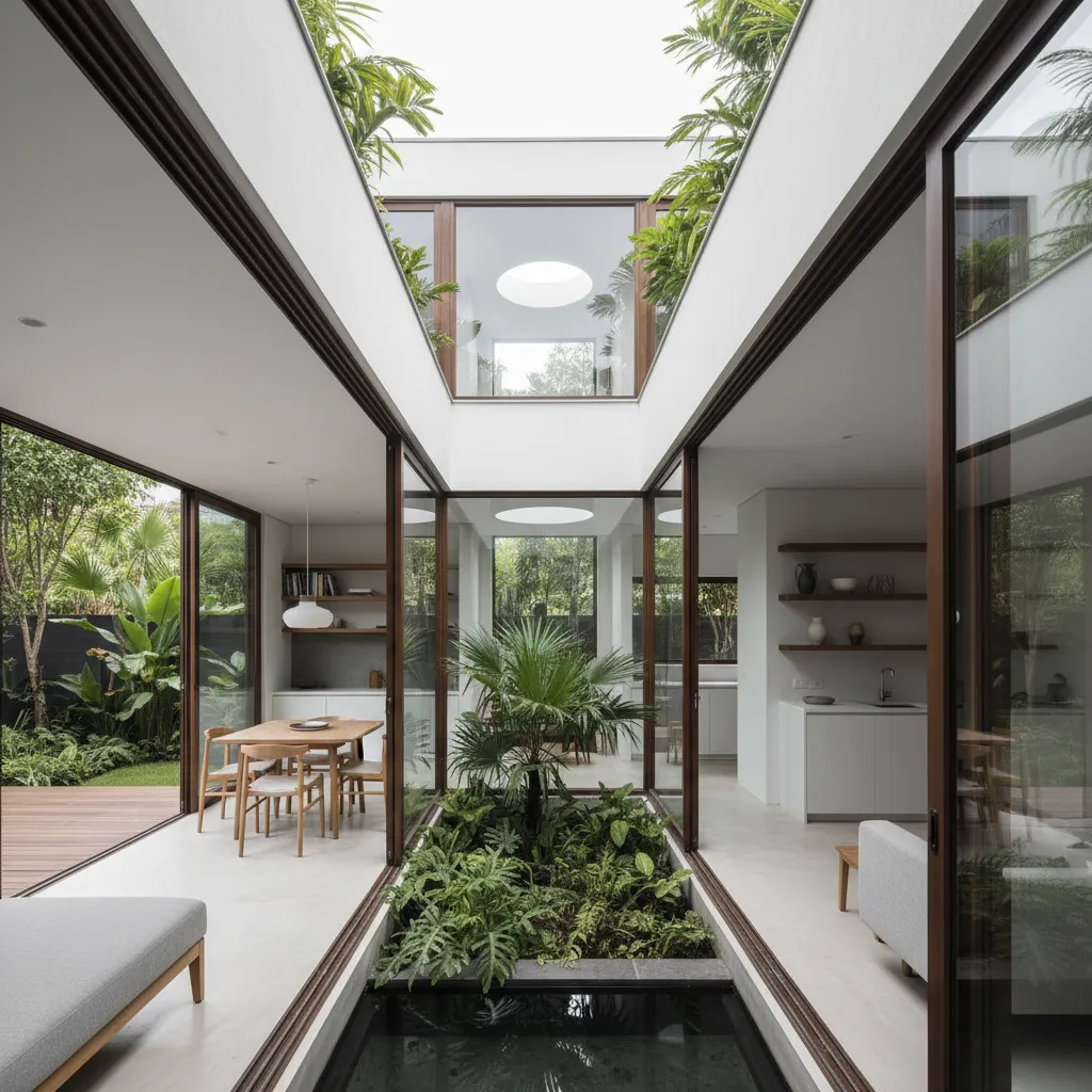 Rumah kecil dengan taman tengah yang terang