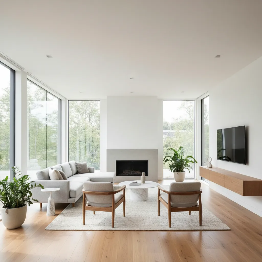 Small house living room with large windows showing daylight orientation