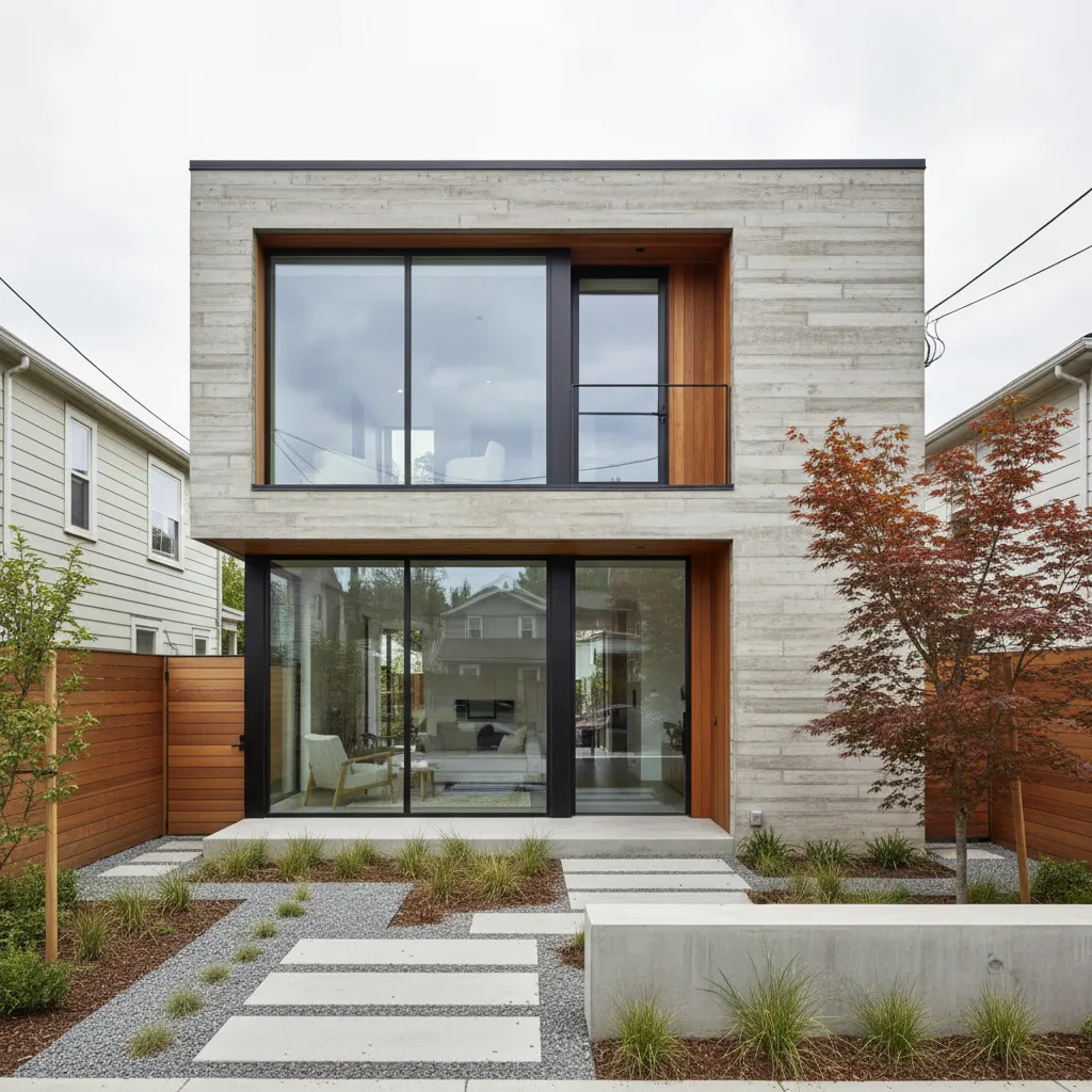 Modern house with concrete walls large glass windows wooden accents and a stone garden path