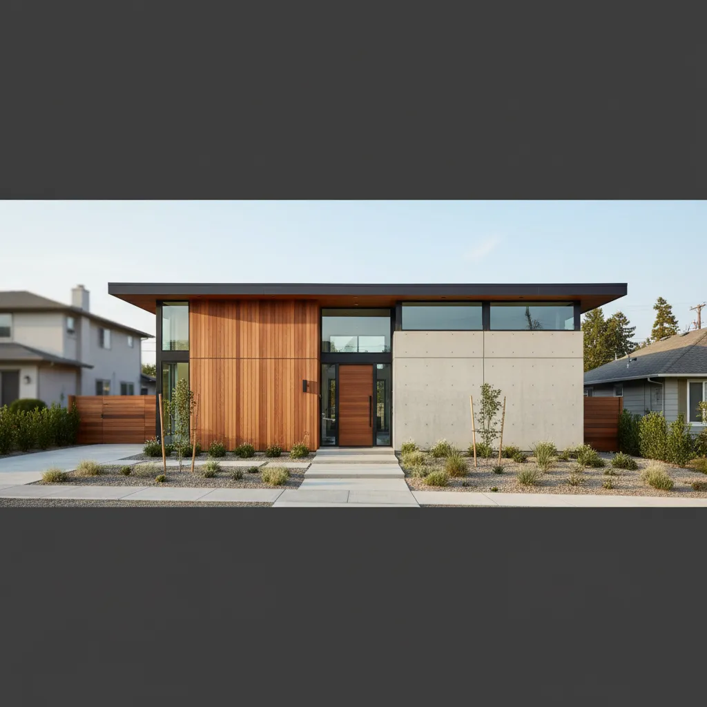 Modern house exterior with wood walls concrete panels large windows flat roof and front garden