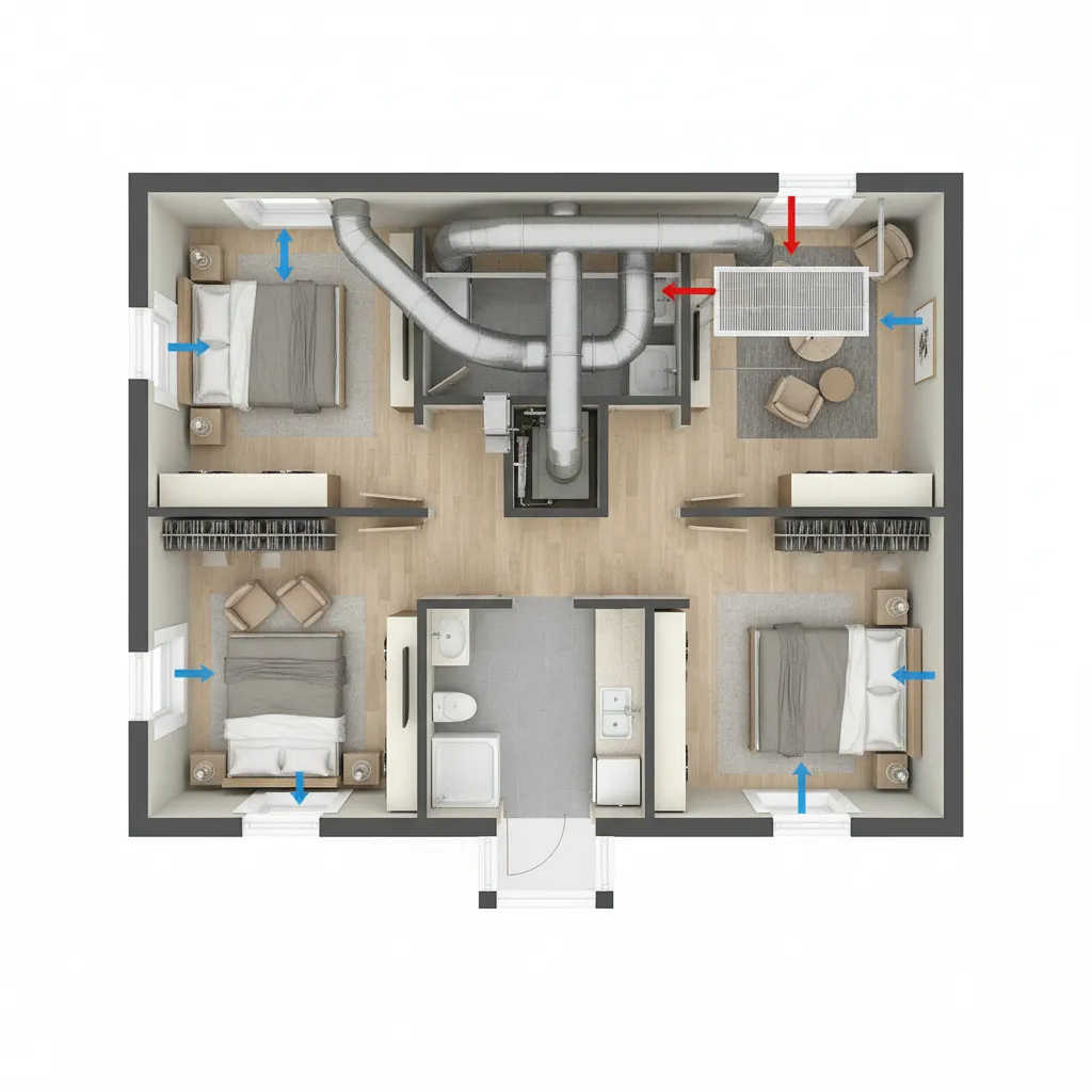 Home duct layout showing airflow imbalance between rooms