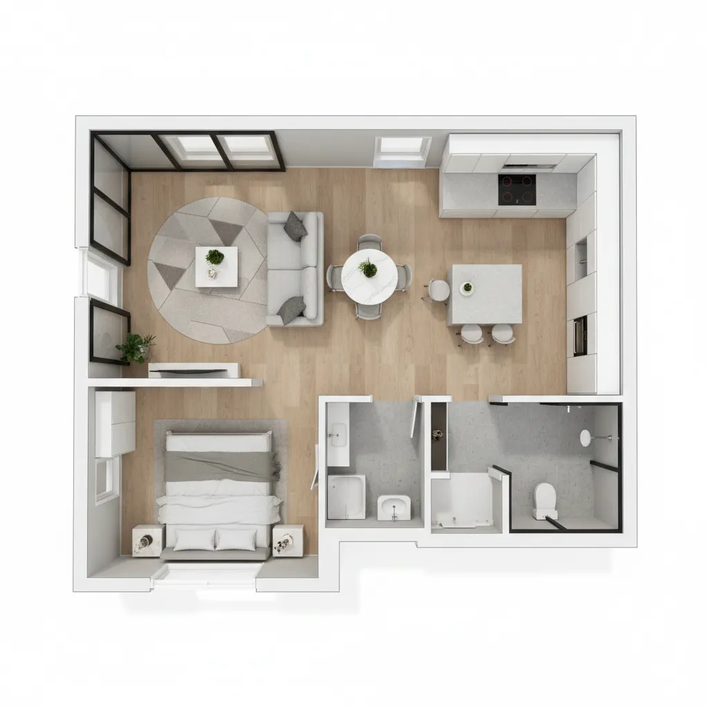 3d floor plan layout of a modular home under 900 sq ft