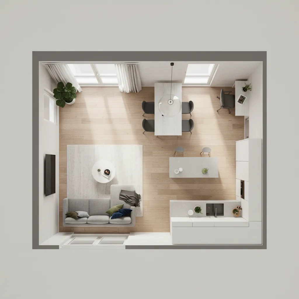 Plano interior mostrando distribución eficiente en una casa pequeña