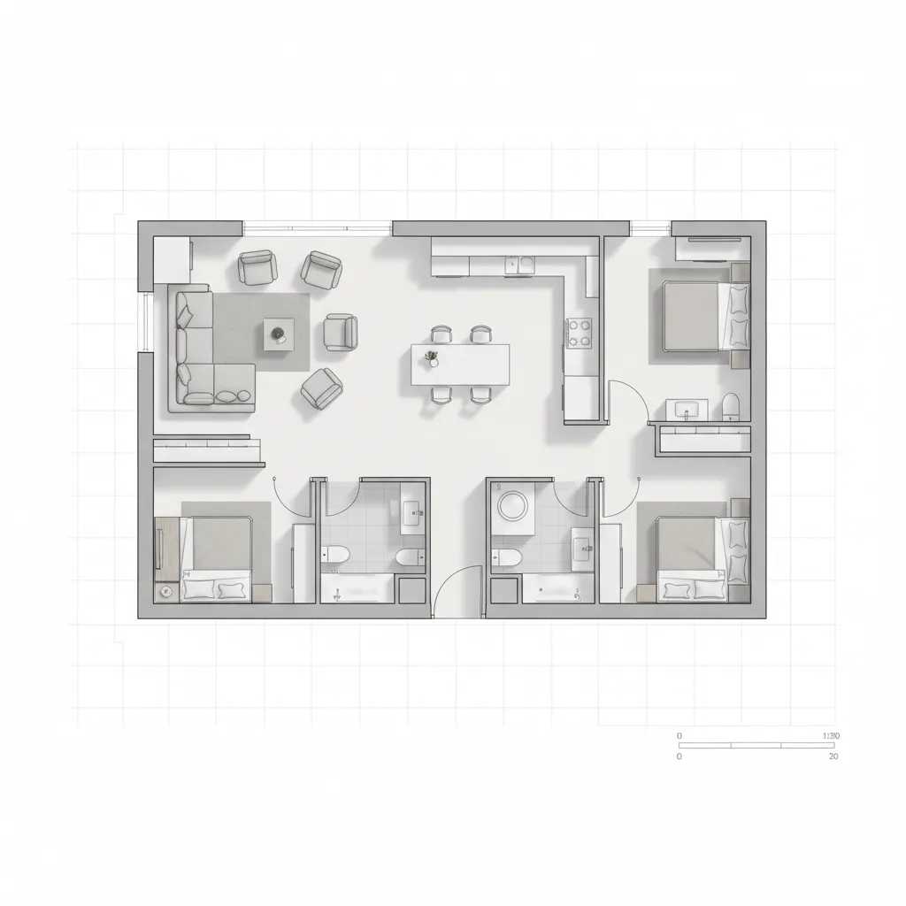 Plano de casa pequeña bien optimizada con distribución compacta