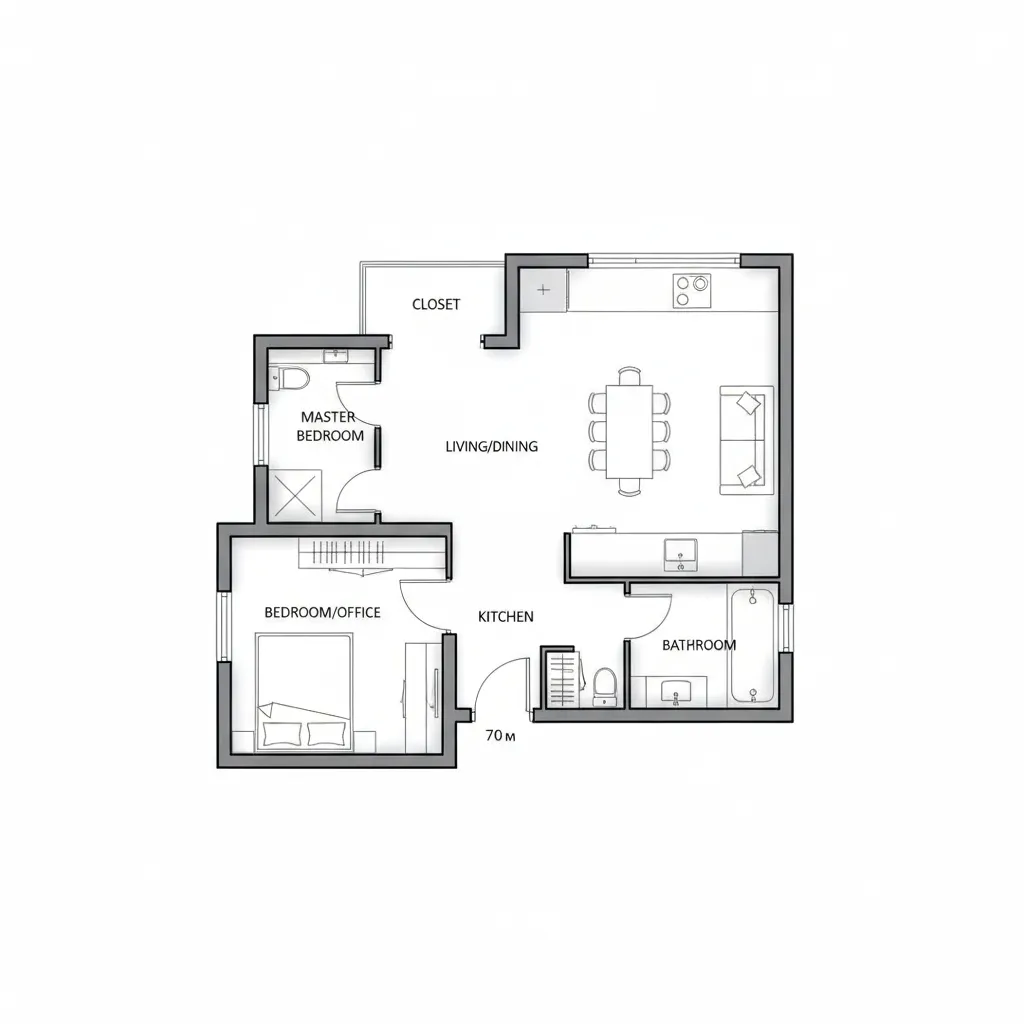 Plano arquitectónico simple de una casa pequeña bien distribuida