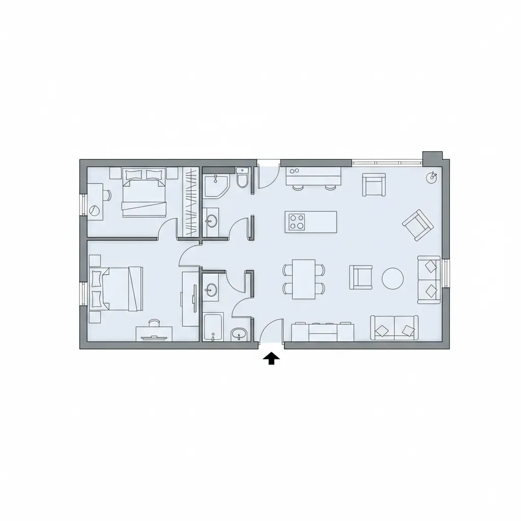 Plano de distribución de una casa pequeña de dos dormitorios