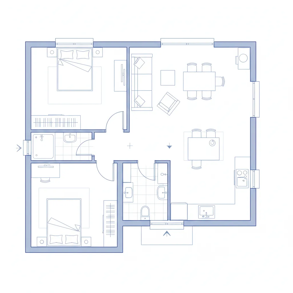 Plano de una casa pequeña con dos dormitorios y espacios bien distribuidos