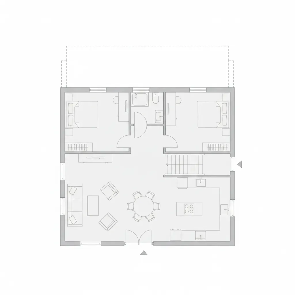 Plano de distribución de casa moderna pequeña de dos plantas