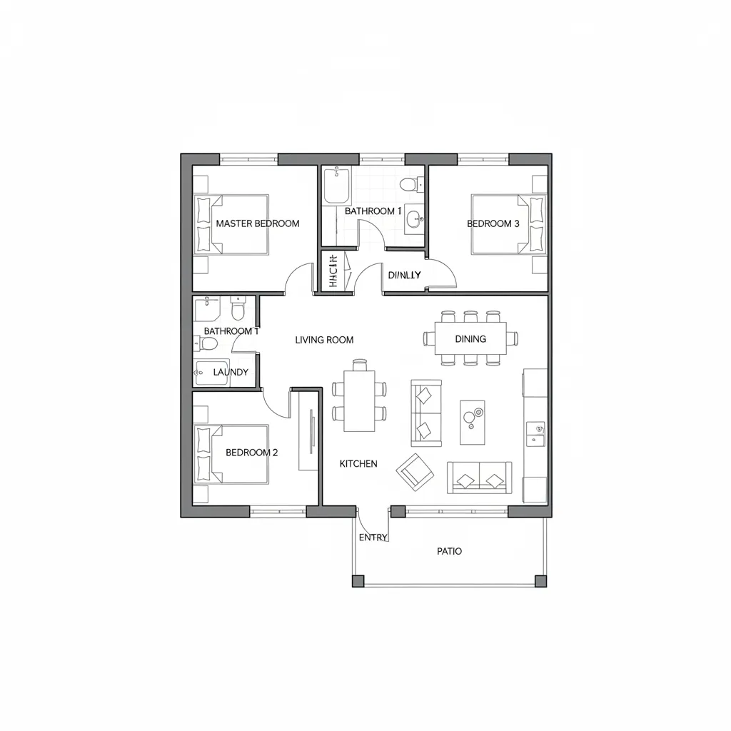 Plano de una casa pequeña con tres dormitorios y distribución compacta