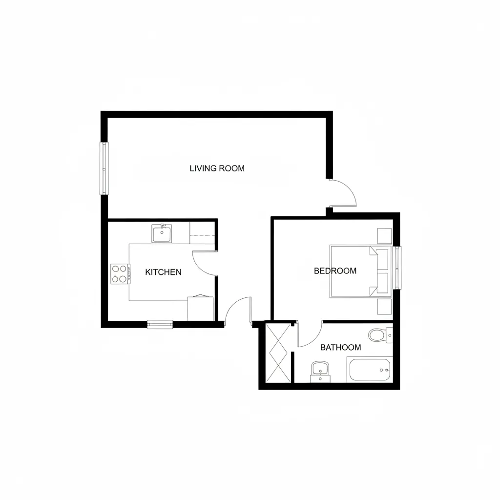 Efficient 650 sq ft house floor plan showing living room kitchen bedroom and bathroom