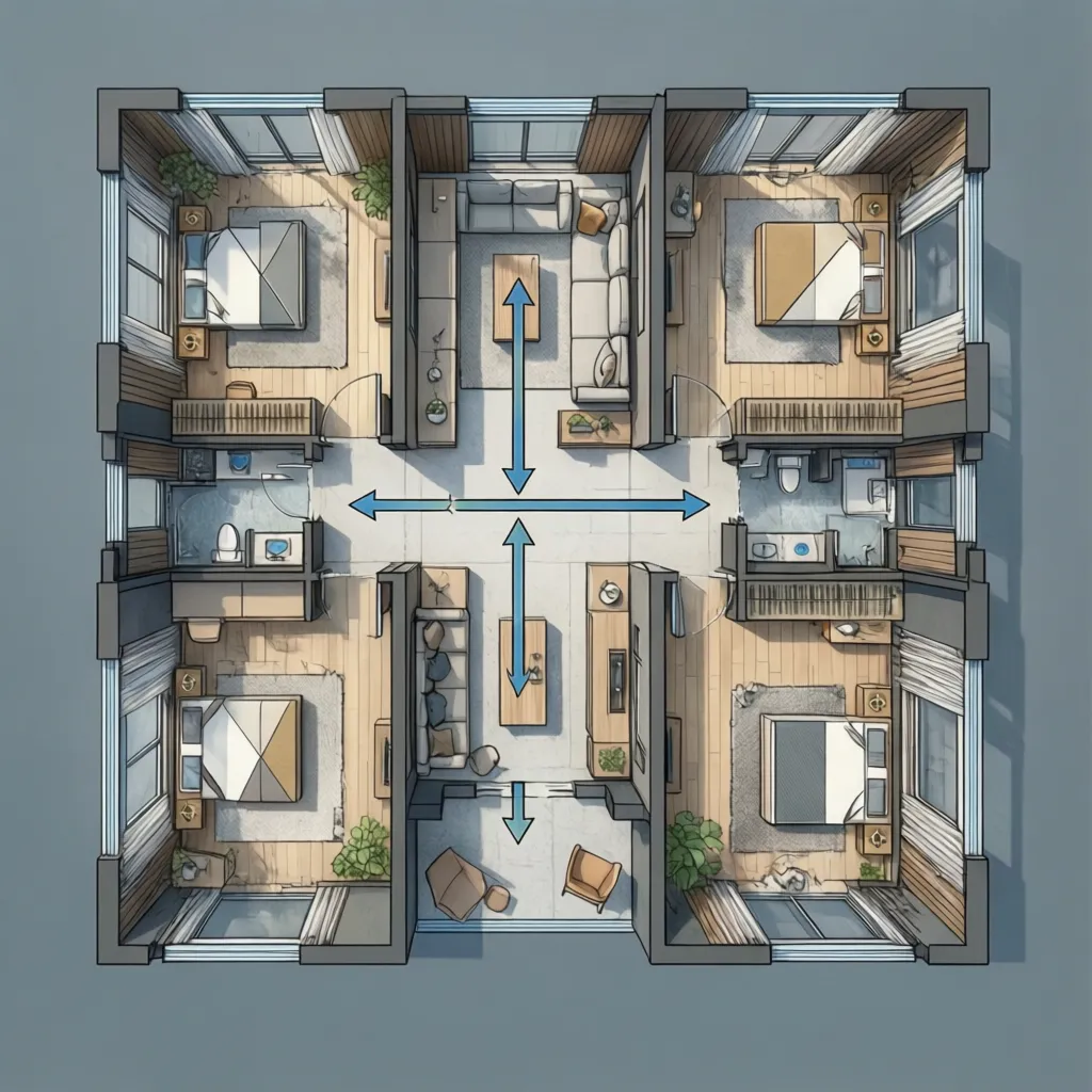 Floor plan showing traffic flow paths in a compact home layout