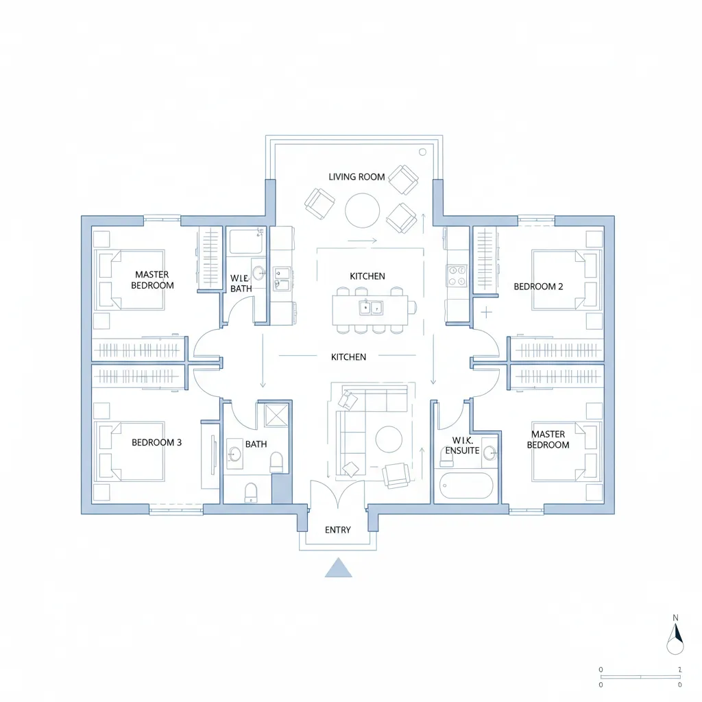 1000 sq ft floor plan showing circulation flow between rooms