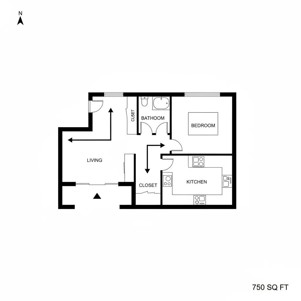 architectural floor plan showing circulation paths in a 750 sq ft house