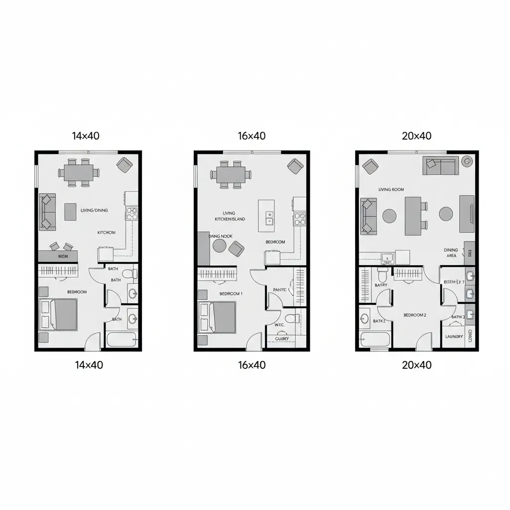Comparison floor plans of 14x40 16x40 and 20x40 small house layouts