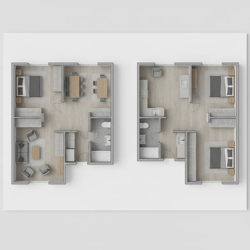 comparison of compact house floor plan layouts showing space arrangement