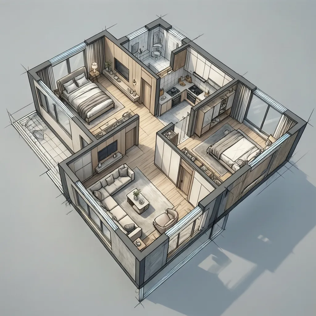 Interior design drawing of a small two bedroom apartment layout with living room and kitchen
