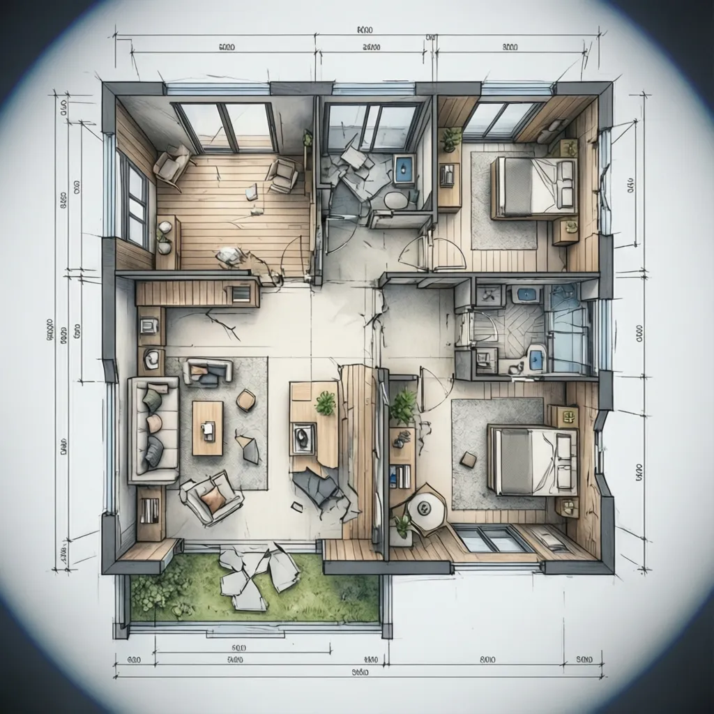 Plano arquitectónico de casa pequeña con distribución eficiente