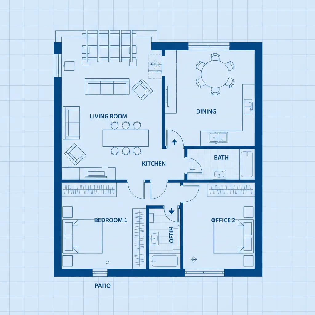 Blue grid floor plan showing labeled rooms including living room kitchen dining and two bedrooms