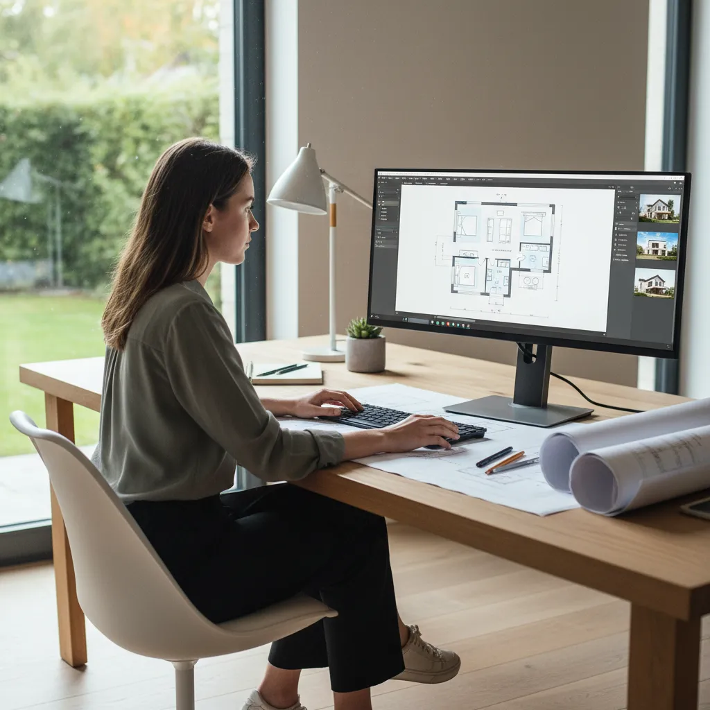 Woman using a computer to create an interior design drawing showing a house room layout