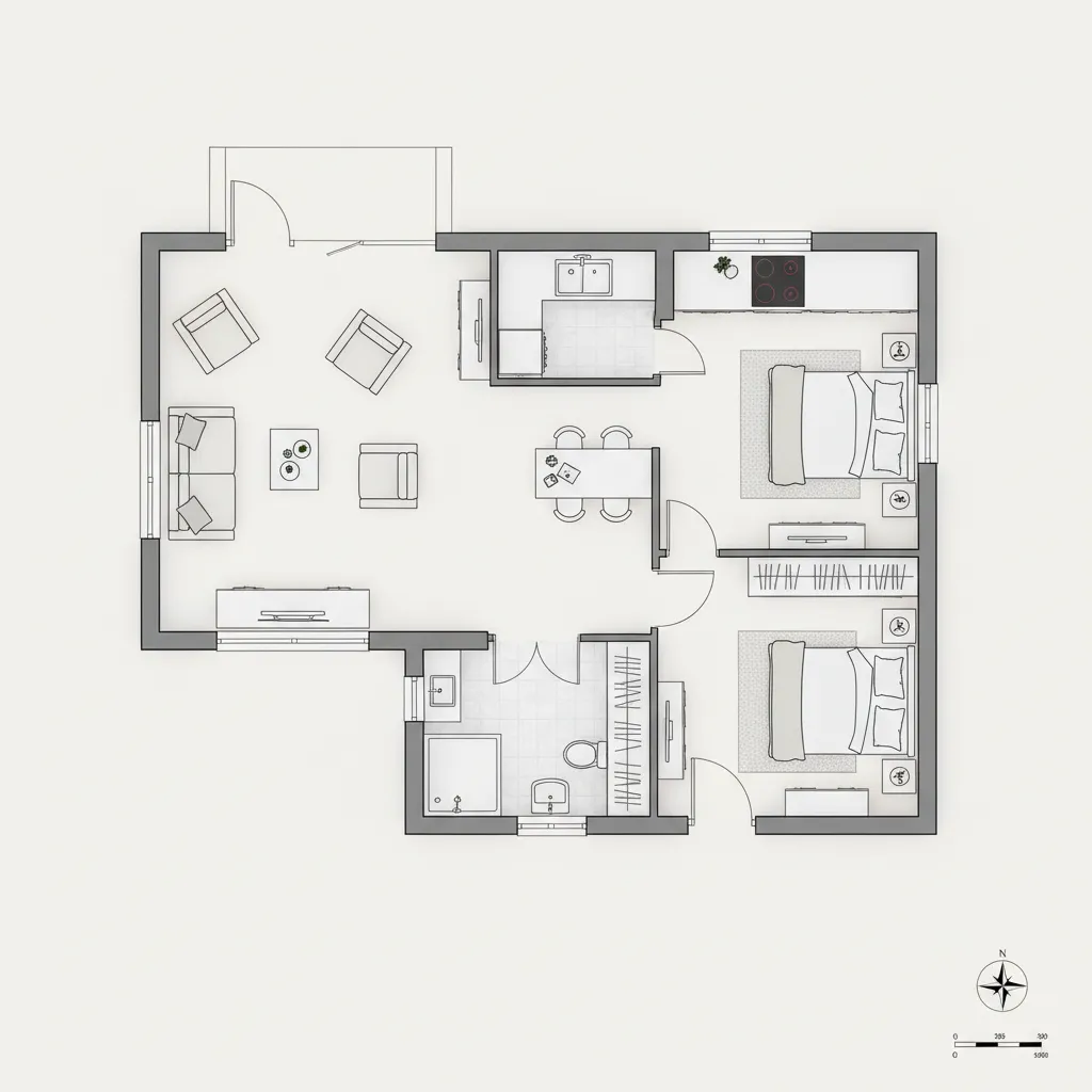 A simple interior design drawing of a two bedroom apartment with furniture and room labels
