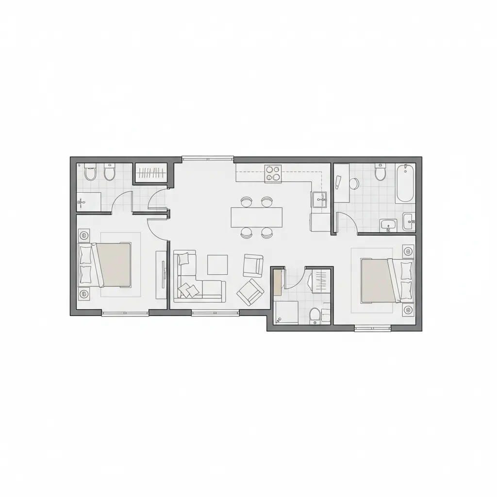 Plano de planta de una casa americana pequeña con distribución eficiente
