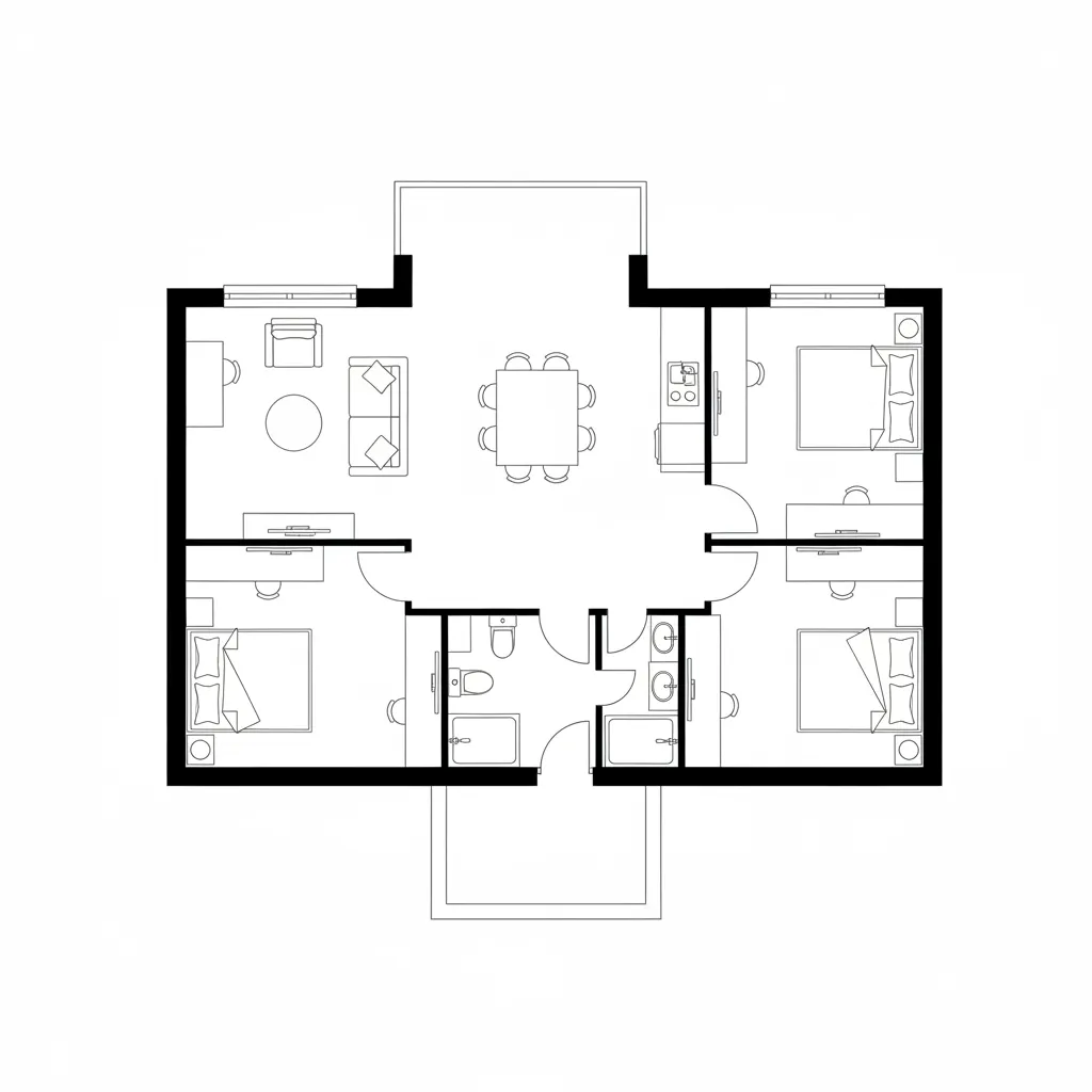 Simple black and white interior design drawing showing three bedrooms living area kitchen and dining
