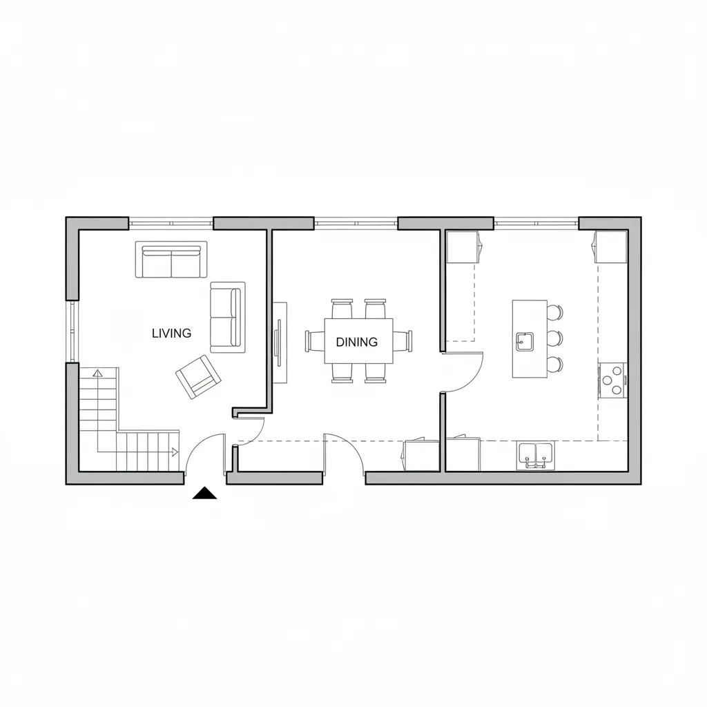 Simple house floor plan showing a living room dining area and kitchen with central island