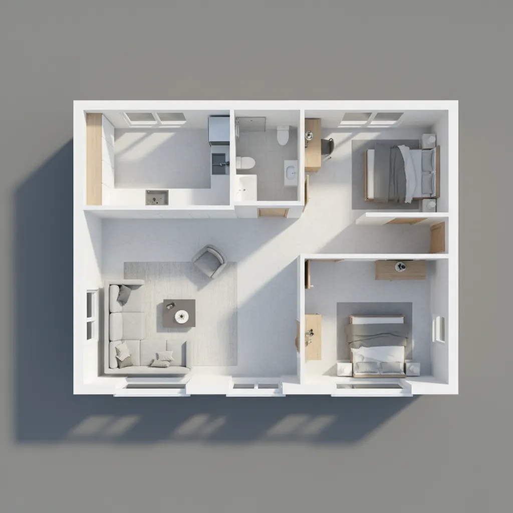 3D floor plan layout of a compact 1200 sq ft house showing room circulation