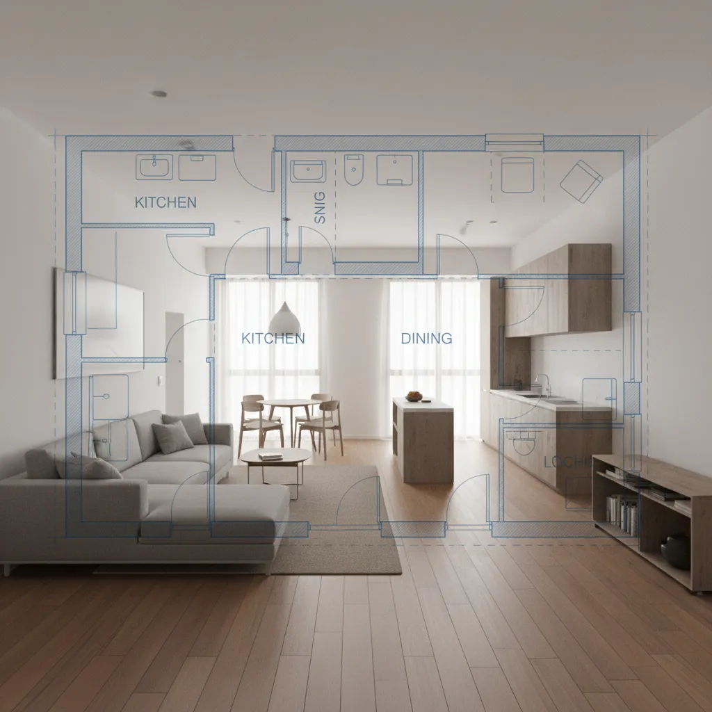 Blue floor plan overlay on modern living room interior design drawing with sofa and kitchen