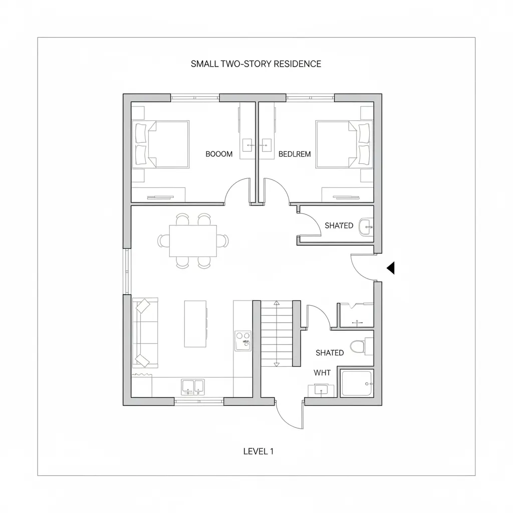 Plano de distribución de una casa pequeña de dos pisos