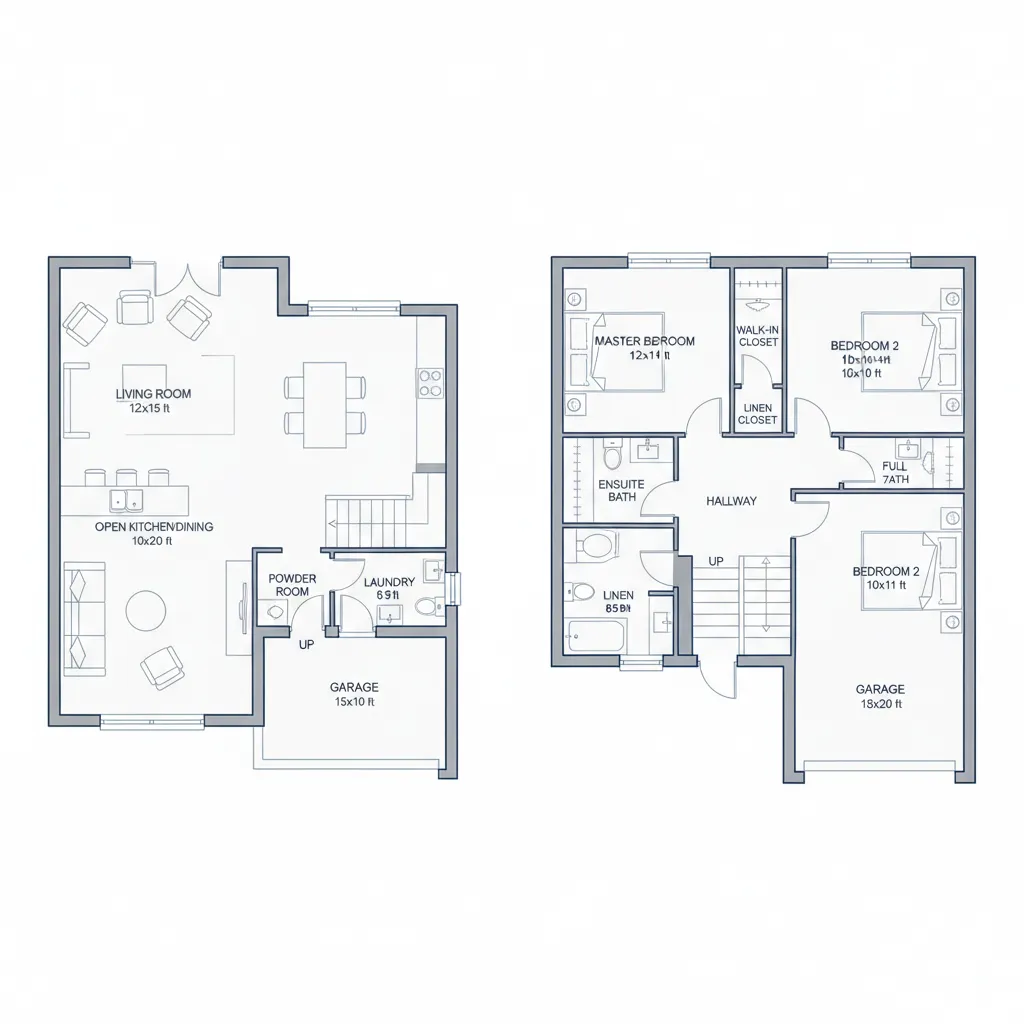 Plano arquitectónico simple de casa pequeña de dos plantas