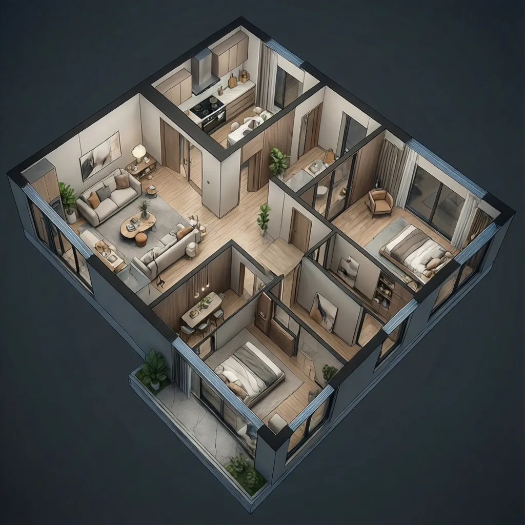 3D floor plan of compact modern house layout showing efficient room arrangement
