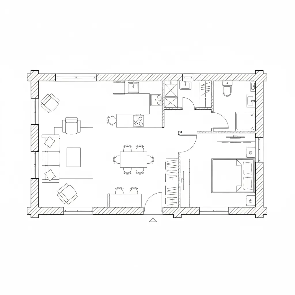 Plano de distribución de una casa pequeña de madera