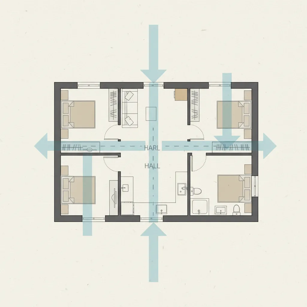 zoned floor plan showing bedrooms hall kitchen and bathroom layout