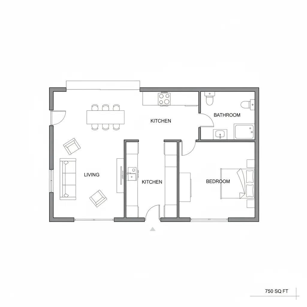 750 sq ft house floor plan zoning living sleeping and kitchen areas