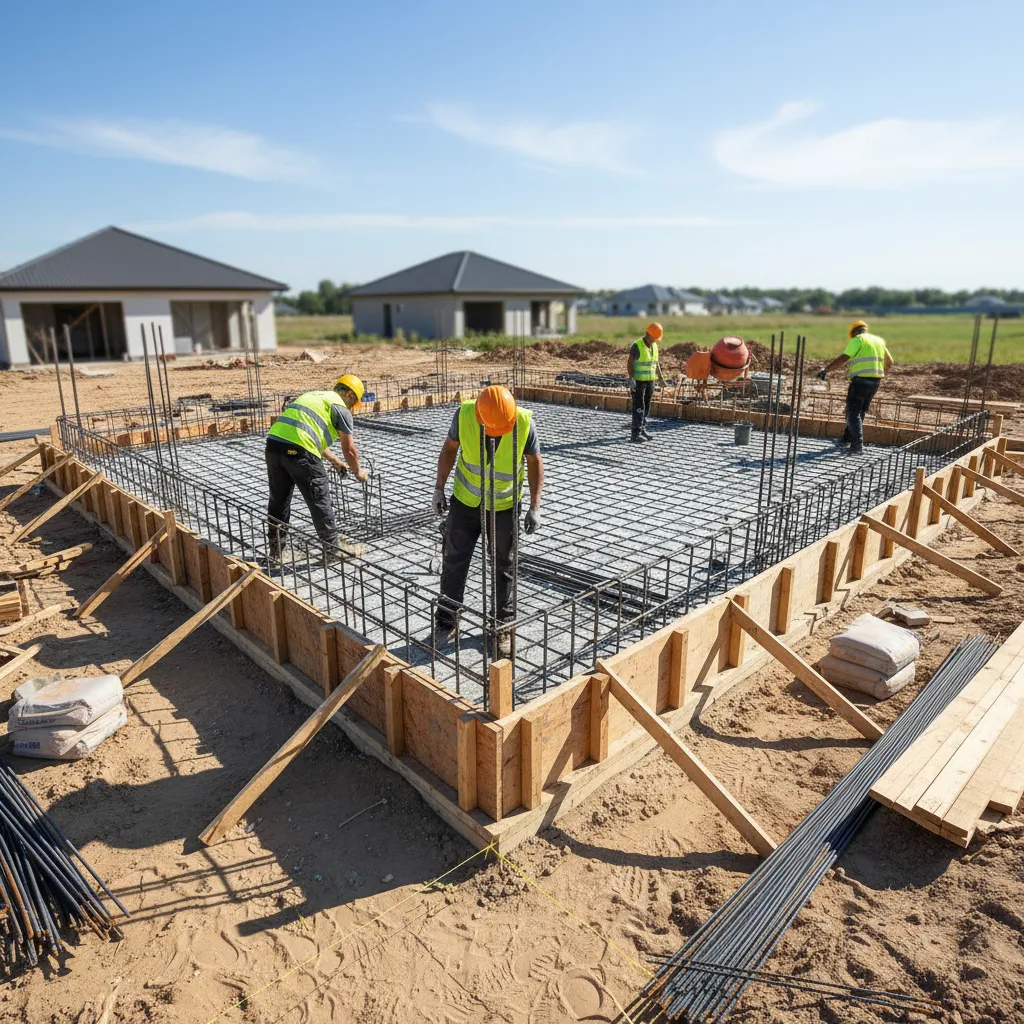 Construction workers building house foundation with steel bars and wood frames on a sunny day