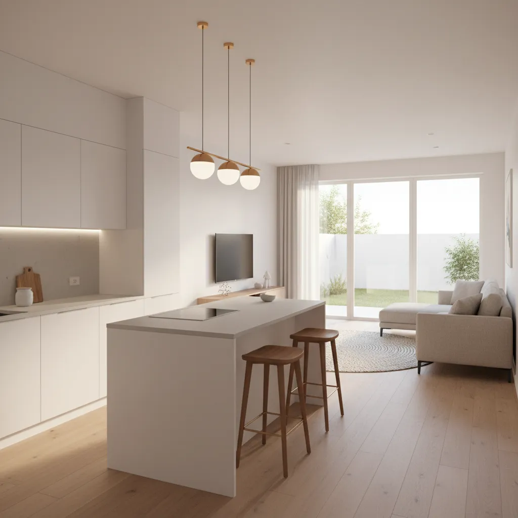 Small house layout with front kitchen and bright living room facing backyard