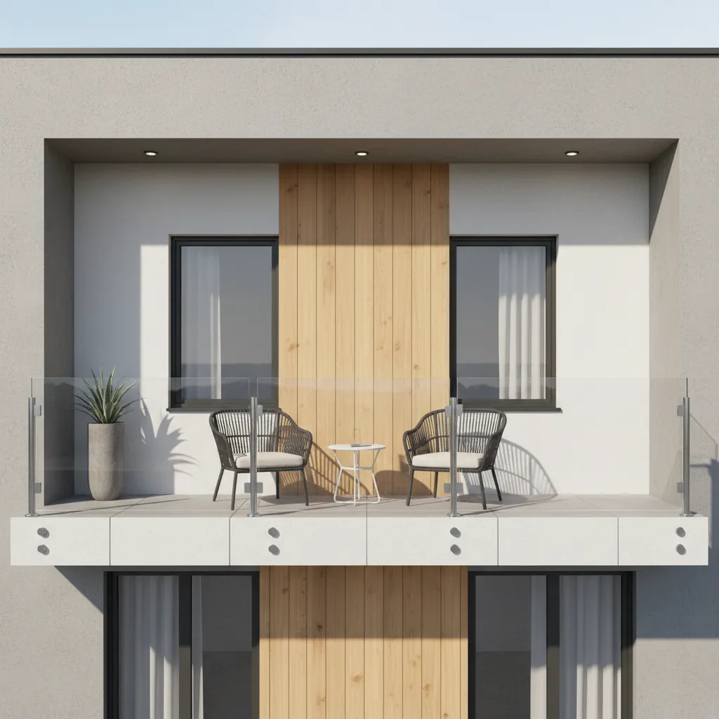 Compact house balcony with glass railing for a modern appearance