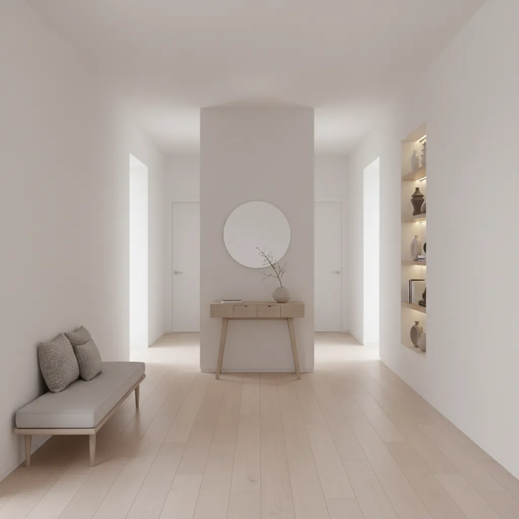 Interior visualization showing narrow hallways intersecting in a compact T shaped home