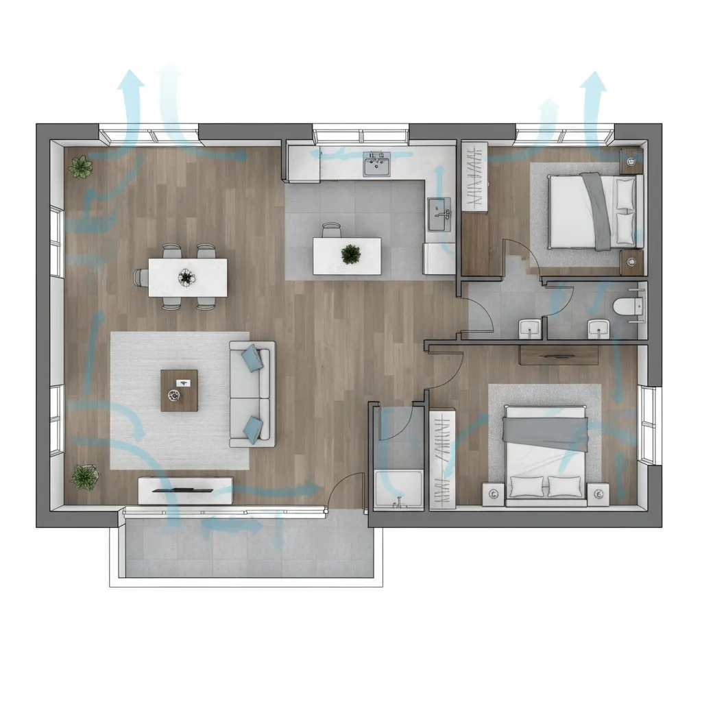 1000 square foot house floor plan with HVAC airflow zones