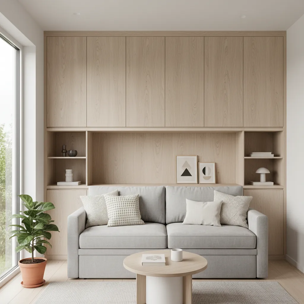 small house living room with integrated wall cabinets and hidden storage furniture