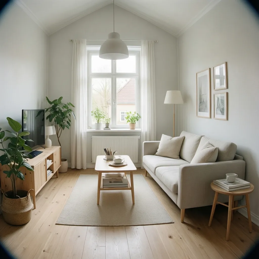 Interior de casa pequeña optimizado con muebles compactos y colores claros