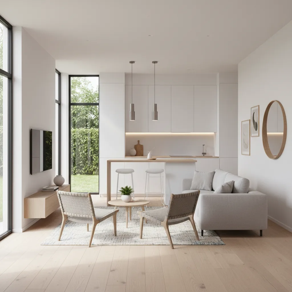 Modern interior design drawing showing white kitchen and living room with wood floor and sofa